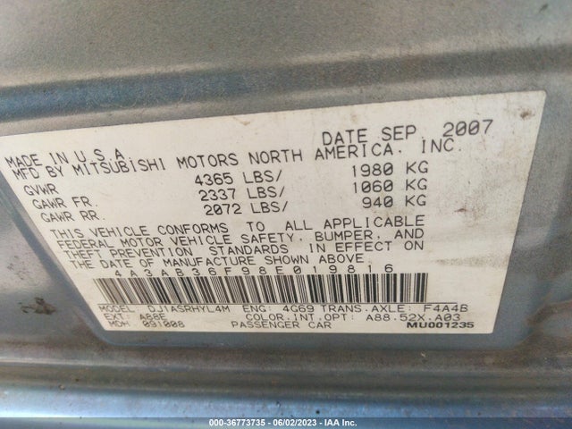 2008 MITSUBISHI GALANT ES VIN: 4A3AB36F98E019816