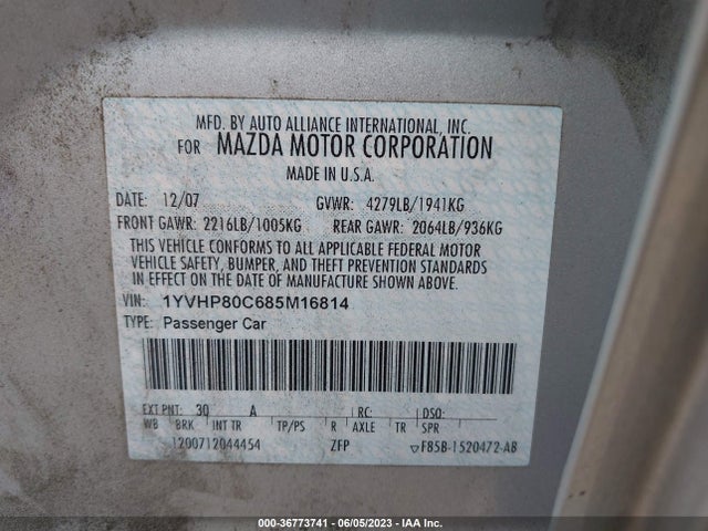 2008 MAZDA MAZDA6 I SPORT VE VIN: 1YVHP80C685M16814