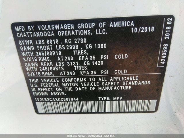 1V2LR2CAXKC507944 Volkswagen Atlas 3.6l V6 Se
