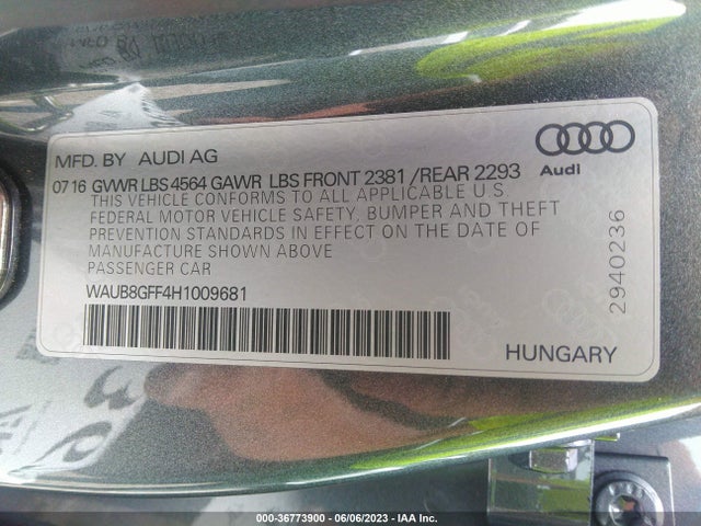 WAUB8GFF4H1009681 Audi A3 Sedan Premium