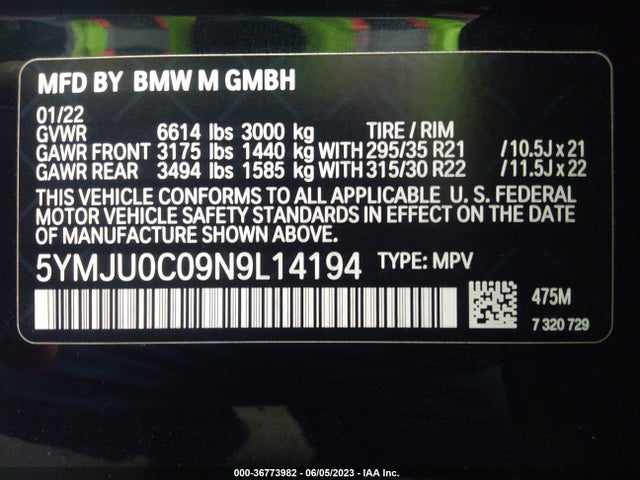 2022 BMW X5, VIN: 5YMJU0C09N9L14194