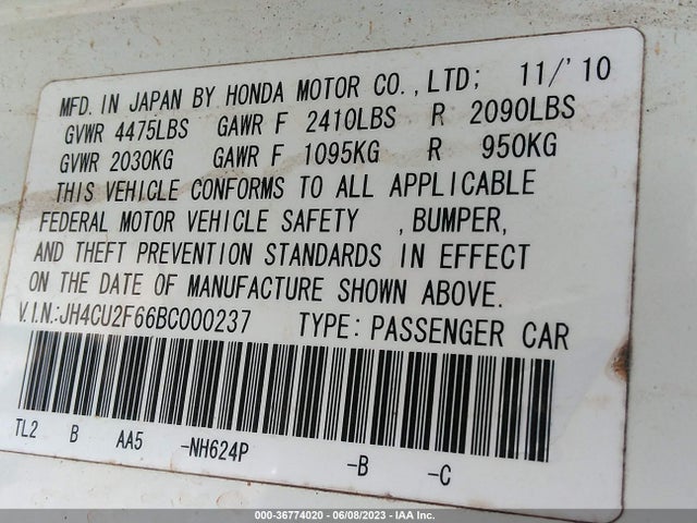 2011 ACURA TSX VIN: JH4CU2F66BC000237