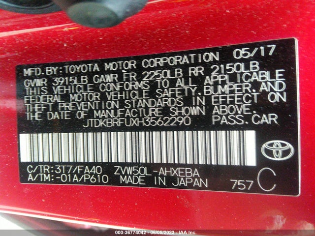 Продажа на аукционе авто 2017 Toyota Prius Two/two Eco/three, vin: JTDKBRFUXH3562290, номер лота: 36774042