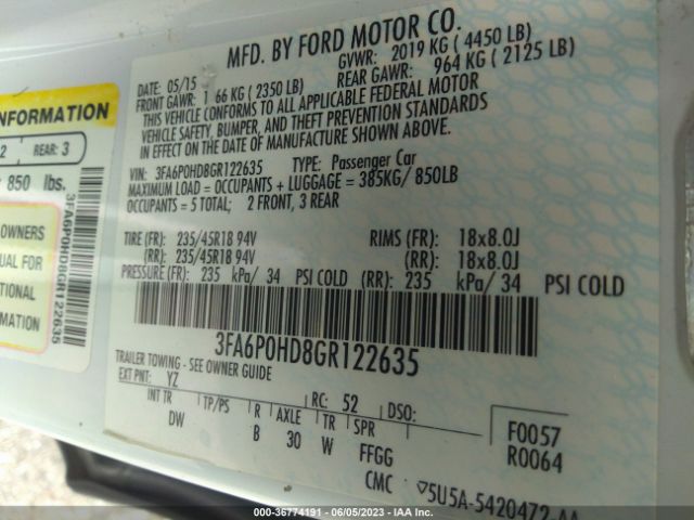 3FA6P0HD8GR122635 Ford FUSION SE