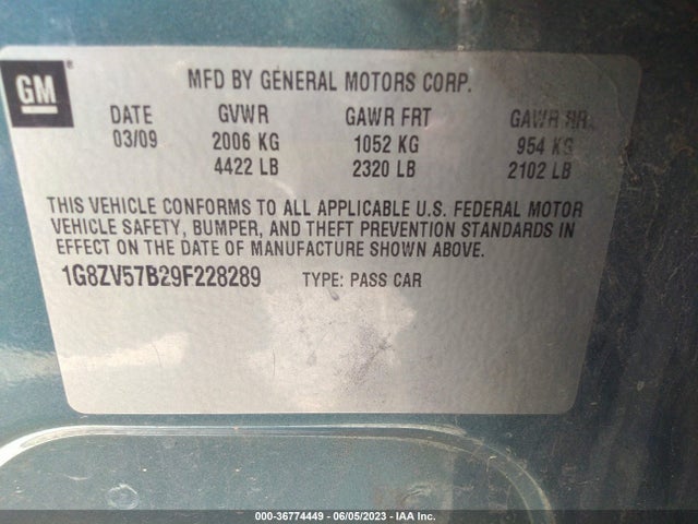 2009 SATURN AURA XR VIN: 1G8ZV57B29F228289