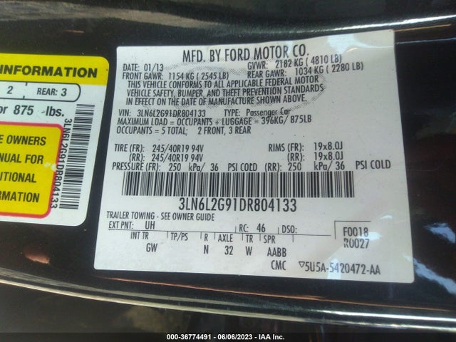 2013 LINCOLN MKZ VIN: 3LN6L2G91DR804133