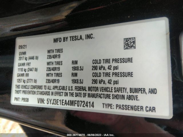 5YJ3E1EA4MF072414 Tesla Model 3 Standard Range Plus