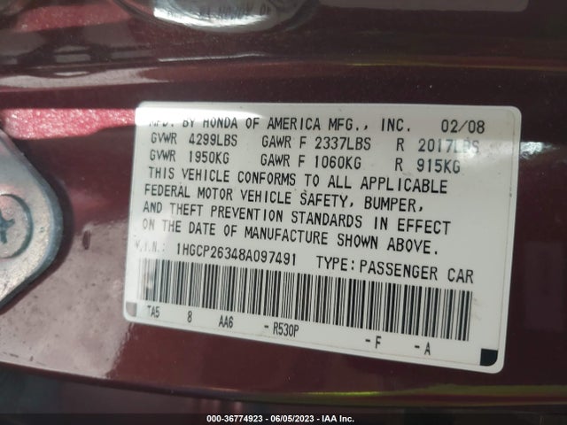 2008 HONDA ACCORD SDN LX VIN: 1HGCP26348A097491
