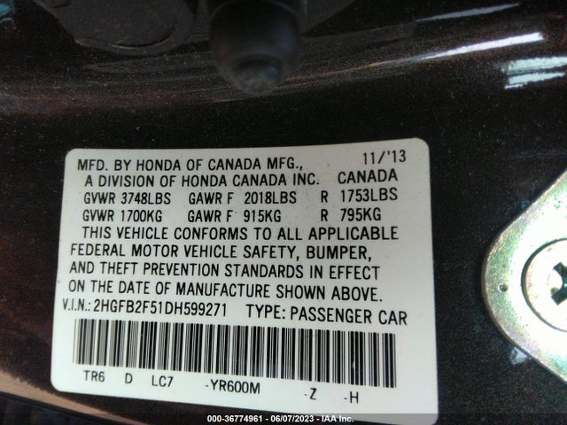 2013 HONDA CIVIC SDN LX VIN: 2HGFB2F51DH599271