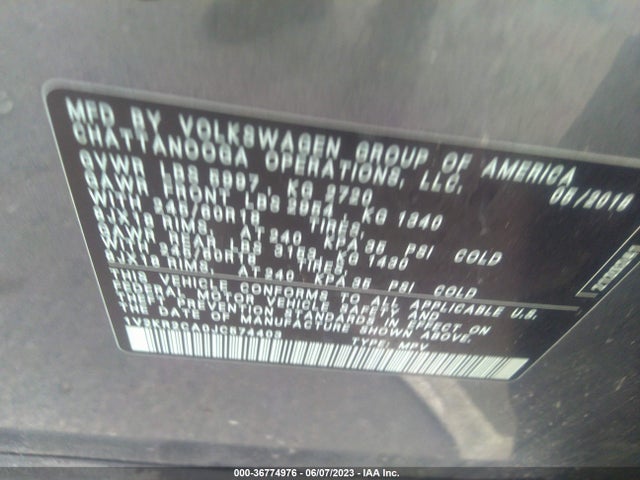 1V2KR2CA0JC574403 Volkswagen Atlas 3.6l V6 Se