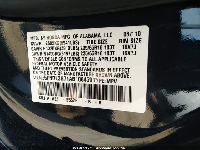 2010 HONDA ODYSSEY EX-L VIN: 5FNRL3H71AB106459