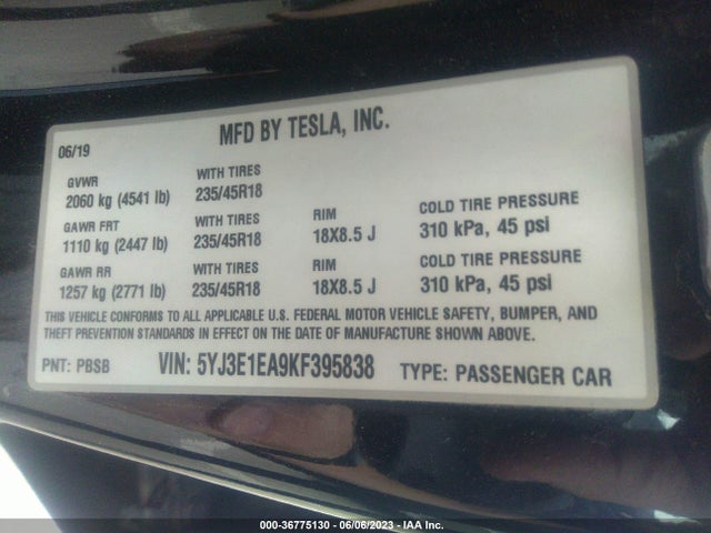 Tesla Model 3 Range 2019 5YJ3E1EA9KF395838 Image 10