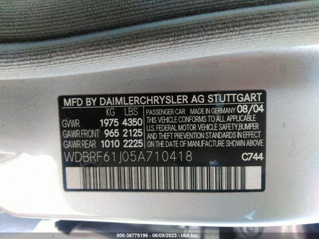 2005 MERCEDES-BENZ C-CLASS 2.6L VIN: WDBRF61J05A710418