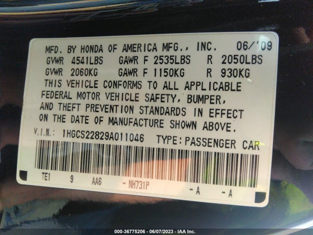 2009 HONDA ACCORD CPE EX-L VIN: 1HGCS22829A011046