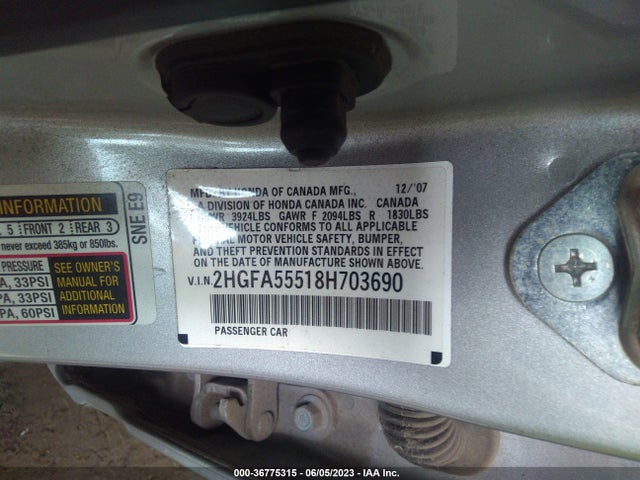 2008 HONDA CIVIC SDN SI VIN: 2HGFA55518H703690