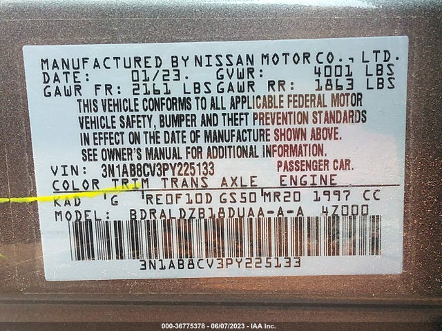 2023 NISSAN SENTRA SV VIN: 3N1AB8CV3PY225133