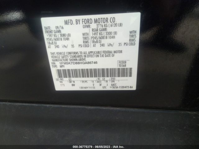1FM5K7D88HGA86746 Ford EXPLORER XLT