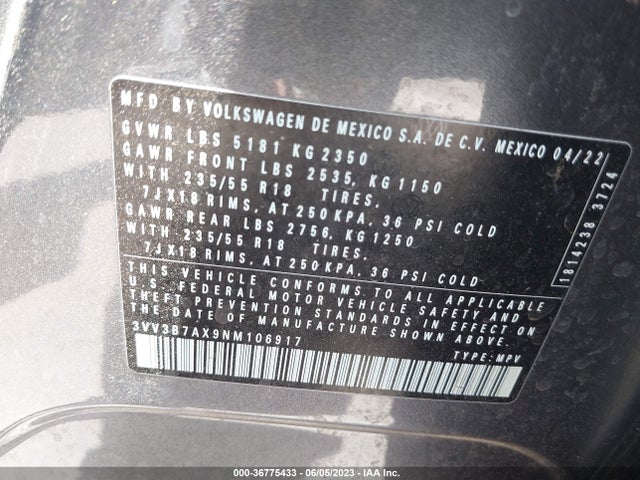3VV3B7AX9NM106917 Volkswagen TIGUAN SE