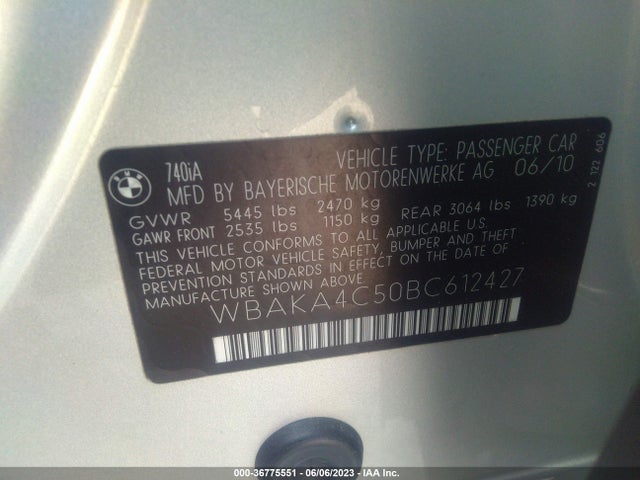 2011 BMW 740I VIN: WBAKA4C50BC612427