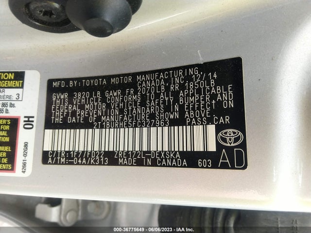 2015 TOYOTA COROLLA S PLUS VIN: 2T1BURHE5FC327963
