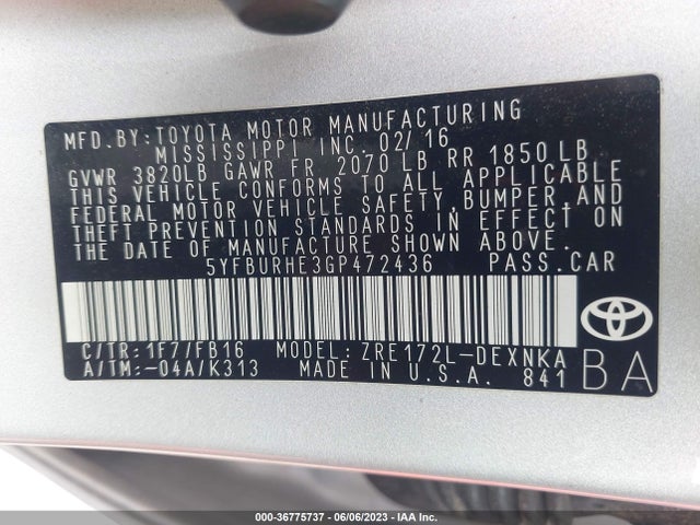 Toyota COROLLA LE 2016 5YFBURHE3GP472436 Image 9
