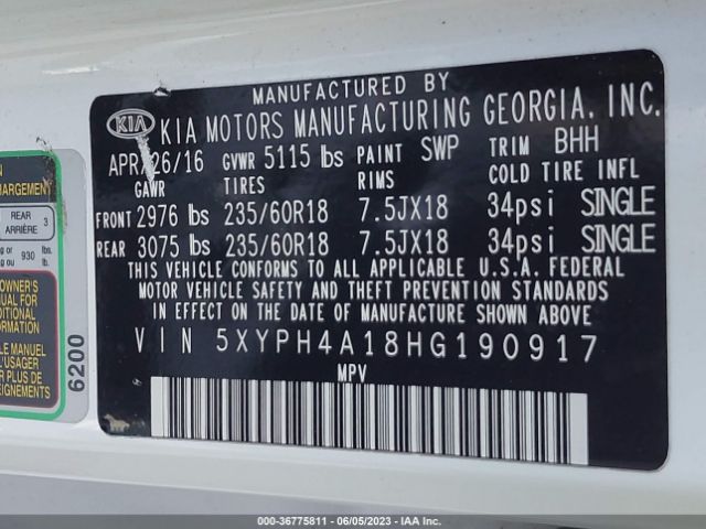 5XYPH4A18HG190917 KIA SORENTO EX