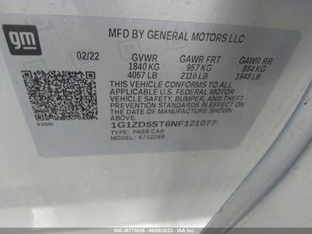 2022 CHEVROLET MALIBU LT VIN: 1G1ZD5ST6NF121077