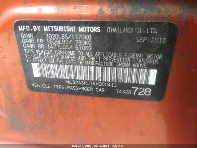 Mitsubishi Mirage Es/rf 2019 ML32A3HJ7KH000413 Image 9