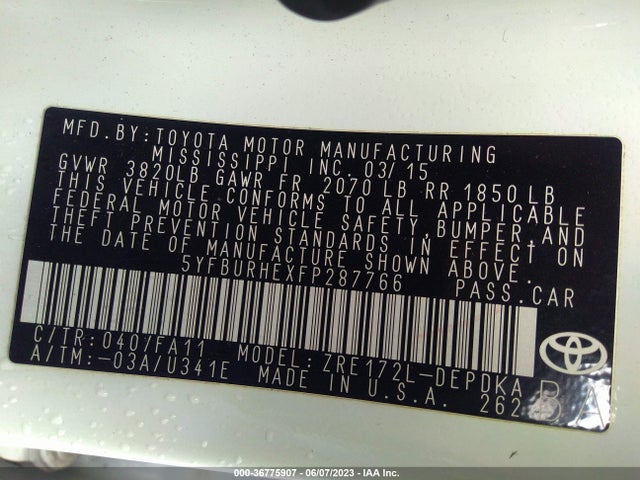 2015 TOYOTA COROLLA L/LE/S/S PLUS/LE PLUS VIN: 5YFBURHEXFP287766