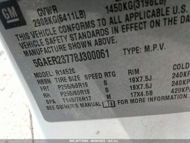 2008 BUICK ENCLAVE CXL VIN: 5GAER23778J300061