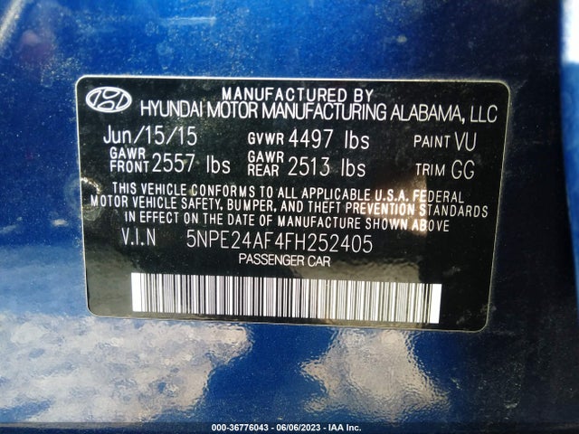 2015 HYUNDAI SONATA 2.4L SE VIN: 5NPE24AF4FH252405