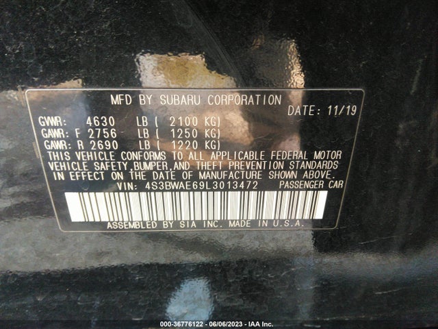 2020 SUBARU LEGACY PREMIUM VIN: 4S3BWAE69L3013472