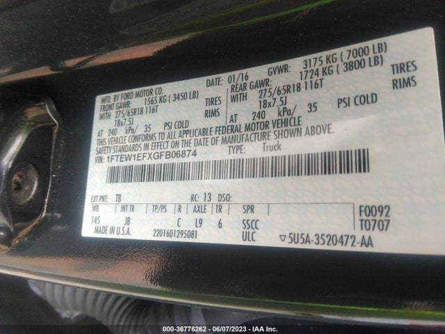 2016 FORD F-150 XLT/XL/LARIAT/PLATINUM VIN: 1FTEW1EFXGFB06874