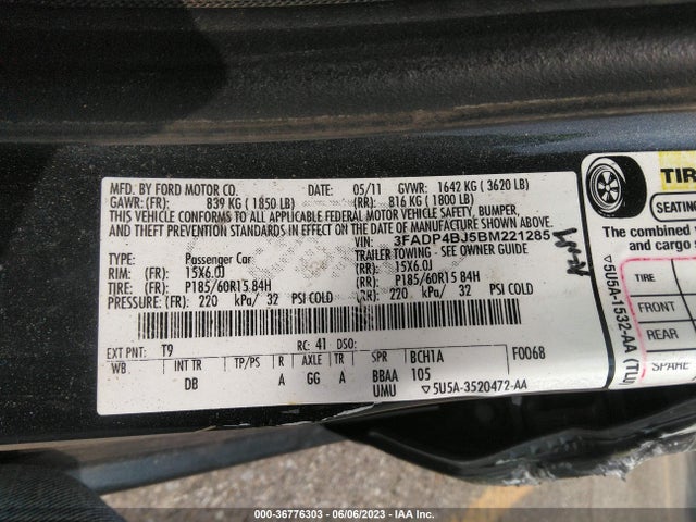 2011 FORD FIESTA SE VIN: 3FADP4BJ5BM221285