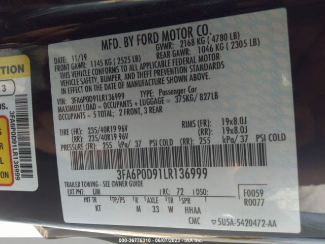 3FA6P0D91LR136999 Ford Fusion Titanium