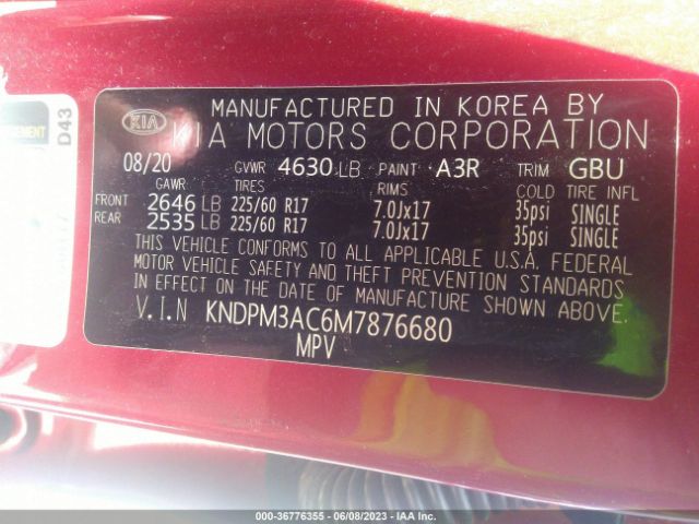 KNDPM3AC6M7876680 KIA Sportage Lx