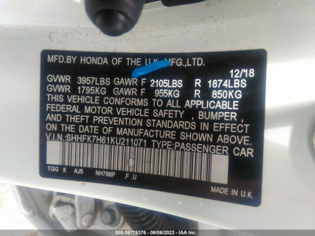 Honda Civic Hatchback Ex 2019 SHHFK7H61KU211071 Image 11