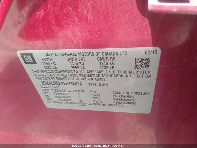 GMC Terrain Sle 2015 2GKALREK1F6285614 Image 9