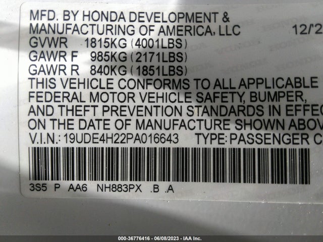 19UDE4H22PA016643 Acura Integra