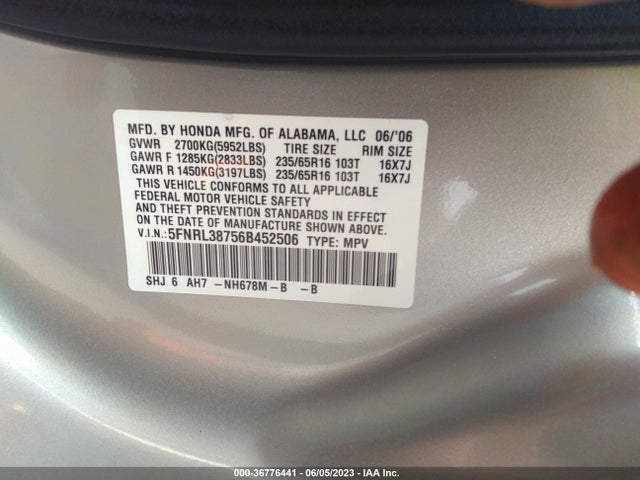 2006 HONDA ODYSSEY EX-L VIN: 5FNRL38756B452506