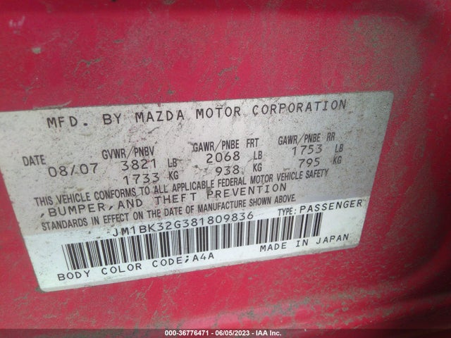 2008 MAZDA MAZDA3 I TOURING *LTD AVAIL VIN: JM1BK32G381809836