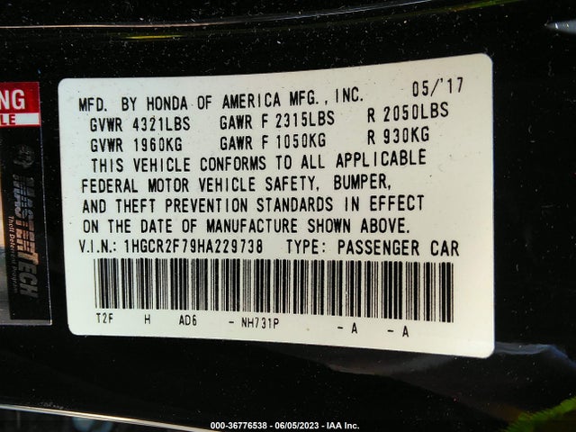 Honda ACCORD EX 2017 1HGCR2F79HA229738 Image 9