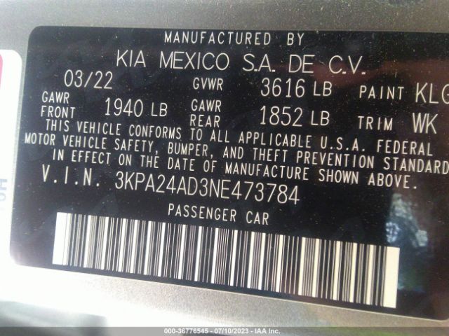 3KPA24AD3NE473784 KIA RIO S