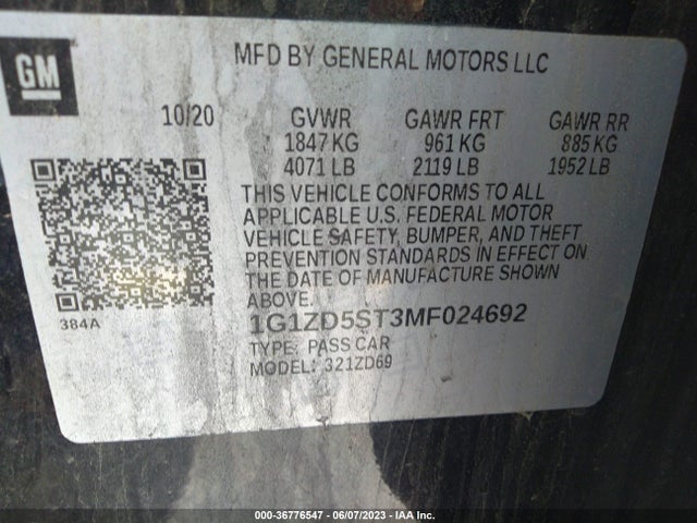 2021 CHEVROLET MALIBU LT VIN: 1G1ZD5ST3MF024692