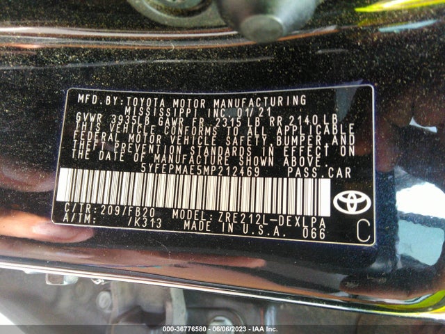 2021 TOYOTA COROLLA LE VIN: 5YFEPMAE5MP212469