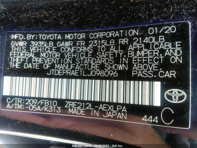 2020 TOYOTA COROLLA LE VIN: JTDEPRAE1LJ098096