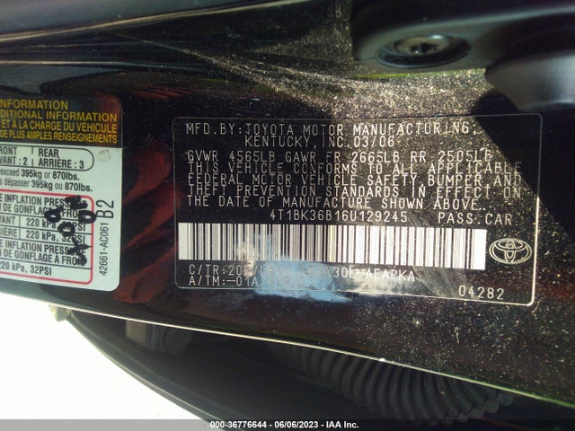 2006 TOYOTA AVALON XL/TOURING/XLS/LIMITED VIN: 4T1BK36B16U129245
