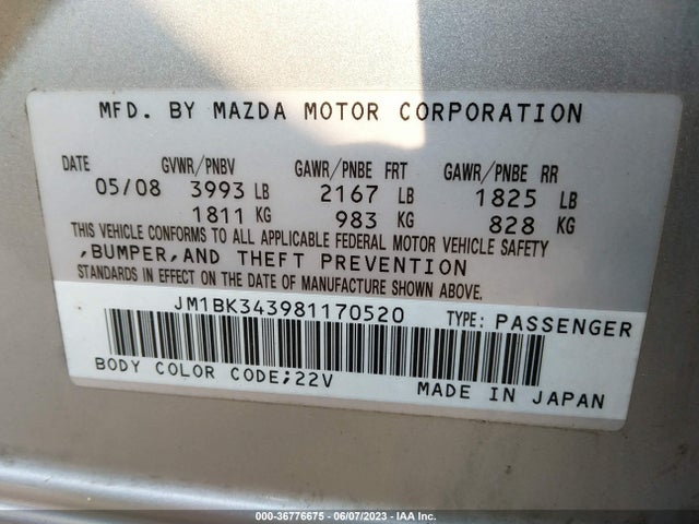 2008 MAZDA MAZDA3 S SPORT VIN: JM1BK343981170520