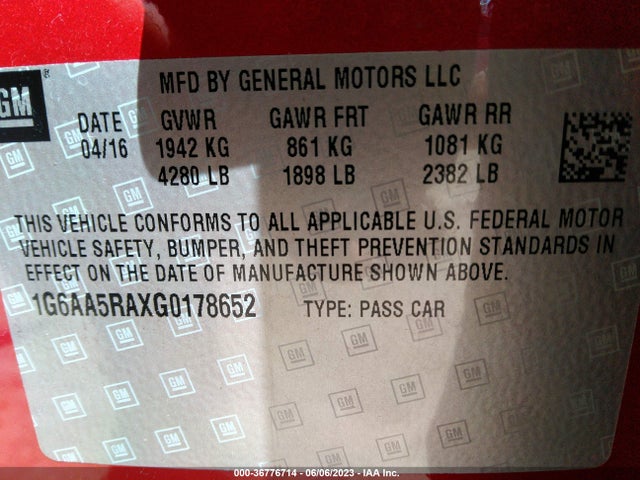1G6AA5RAXG0178652 Cadillac Ats Sedan Standard Rwd