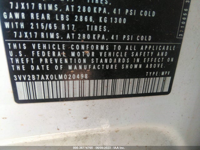 3VV2B7AX0LM020498 Volkswagen Tiguan Se/sel/se R-line Black